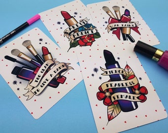 Makeup Addict Postcard Set, Tattoo Style Art Prints