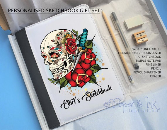 Personalised Artist Gift Idea, Artist Sketchbook, Skull Print Notebook,  Name Notebook, Art Student Gift, Artist Tool Kit, Artist Starter Kit 