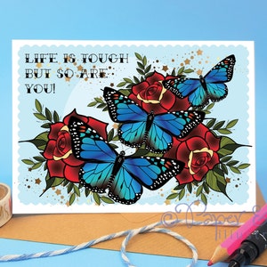Carte personnalisée, la vie est un cadeau difficile pour un ami avec un motif d'impression d'art papillon bleu pour offrir votre soutien et dire penser à vous