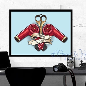 May include: A vintage-style illustration of two red hair dryers and a pair of scissors crossed over each other. The illustration is on a light blue background with a banner that reads "Weapons of Choice".