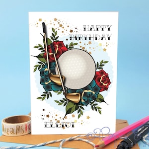 tarjeta de cumpleaños especial personalizada para jugador de golf con diseño de pelotas y palos para esposo o hermano golfista con nombre