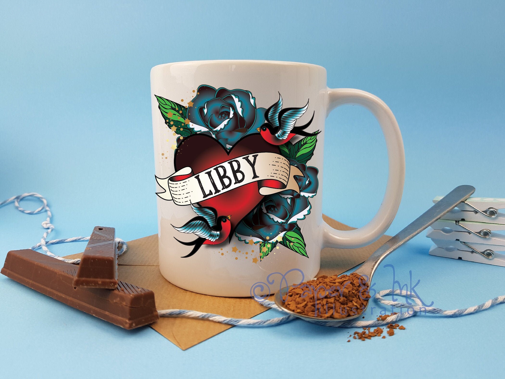 PERSONALIZED Tattoo design custom mug with traditional tattoo flash art