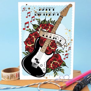 Tarjeta de felicitación de feliz cumpleaños del bajista para músico o estudiante al que le encanta tocar música en una banda
