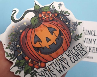 Halloween decal, something wicked this way comes, pumpkin sticker, pumpkin laptop decal, fall stickers, sticker pack, funny sticker