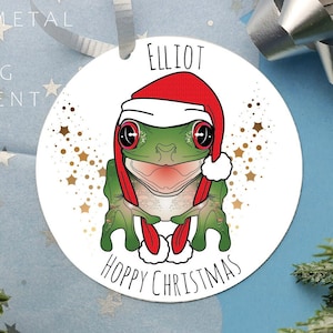 personalised frog christmas tree ornament, toad hanging decoration, 2023 frog bauble, frog gift, frog hat, friend gift