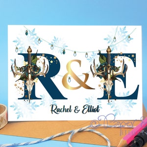 Carte de Noël personnalisée pour couple avec flocons de neige et crâne de cerf pour un cadeau de mariage ou de fiançailles alternatif