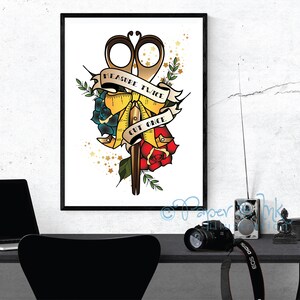 May include: A white background with a gold and red tattoo-style illustration of a pair of scissors, a measuring tape, and a rose. The text "Measure Twice Cut Once" is written on a banner.