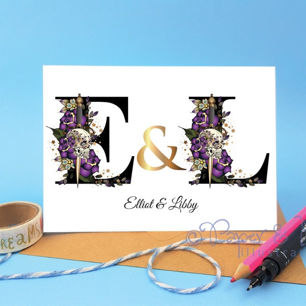 Personalised gothic couple card alternative wedding or engagement card for unusual couple with names and initials