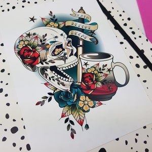 May include: A colorful illustration of a skull with a coffee cup and a dagger. The skull has a sugar skull design with flowers and the text "Death Before Decaf".