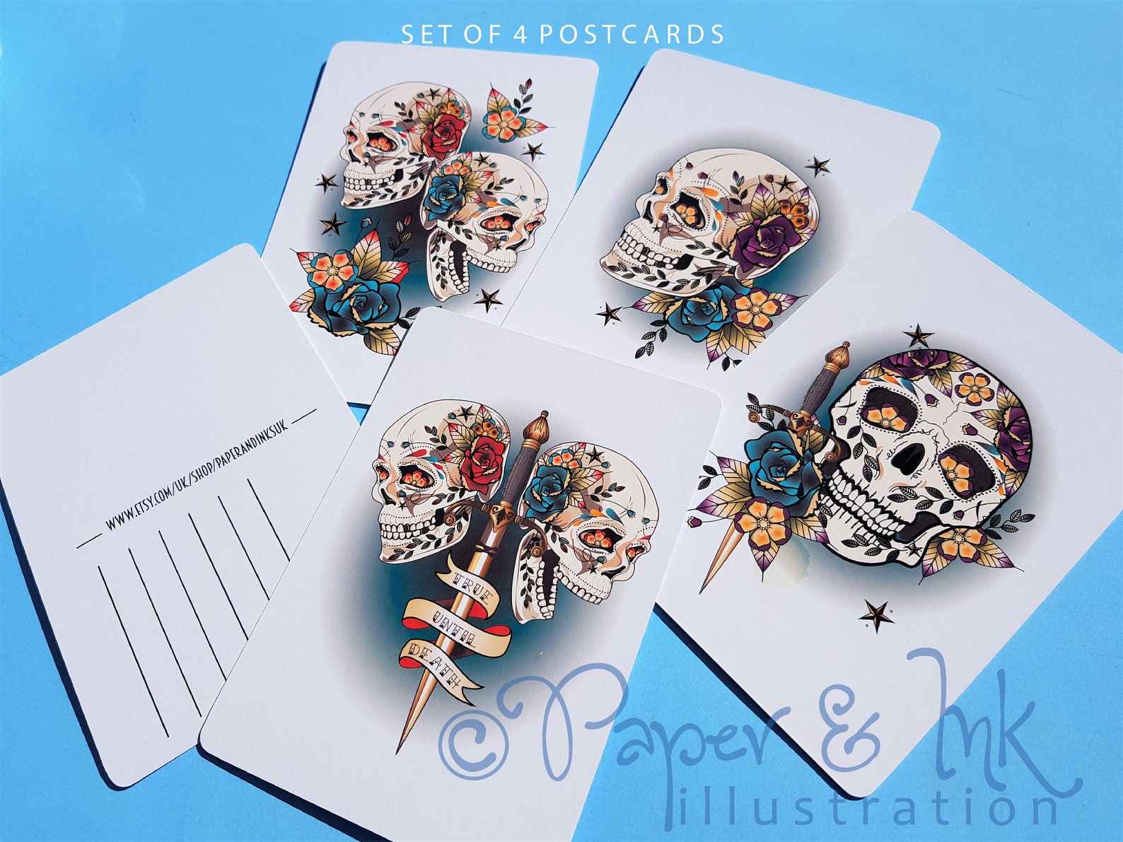 Skull Postcards, Skull Print, Sugar Skull Art Print, Set of Postcards ...