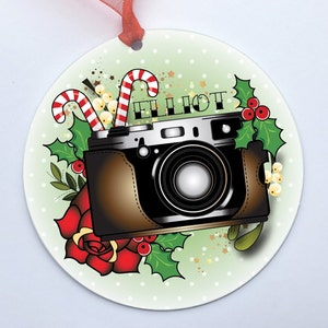 personalised photography camera themed christmas ornament bauble gift for photographer friend who loves to take pictures