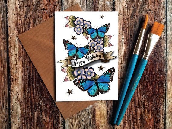 Carte Papillon Joyeux Anniversaire Papillon Bleu Carte De Etsy