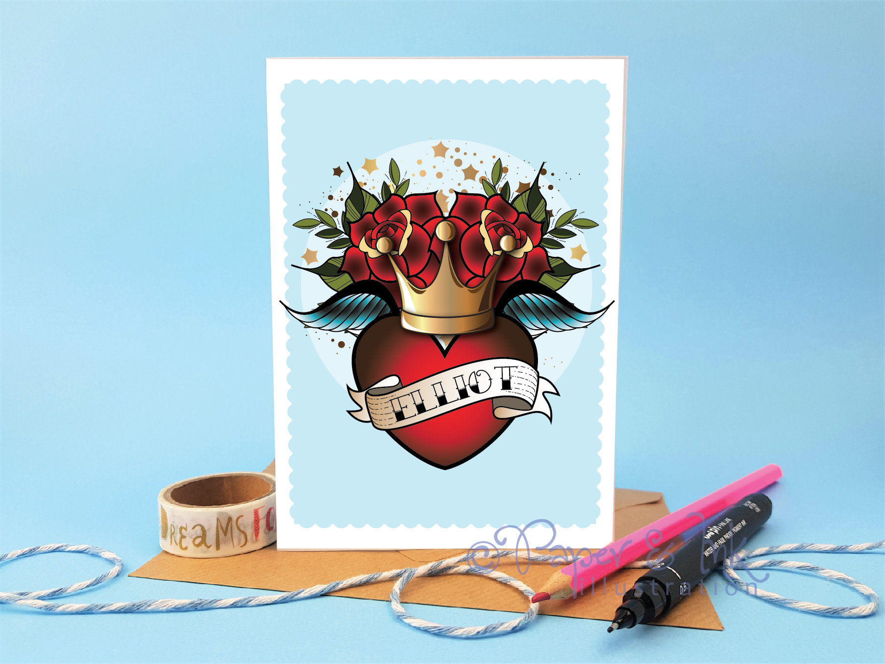 Personalized Tattoo Heart Card, King Crown, Valentine or Birthday