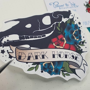 tattoo gothic sticker horse skull traditional tattoo flash with text dark horse roses in red and blue