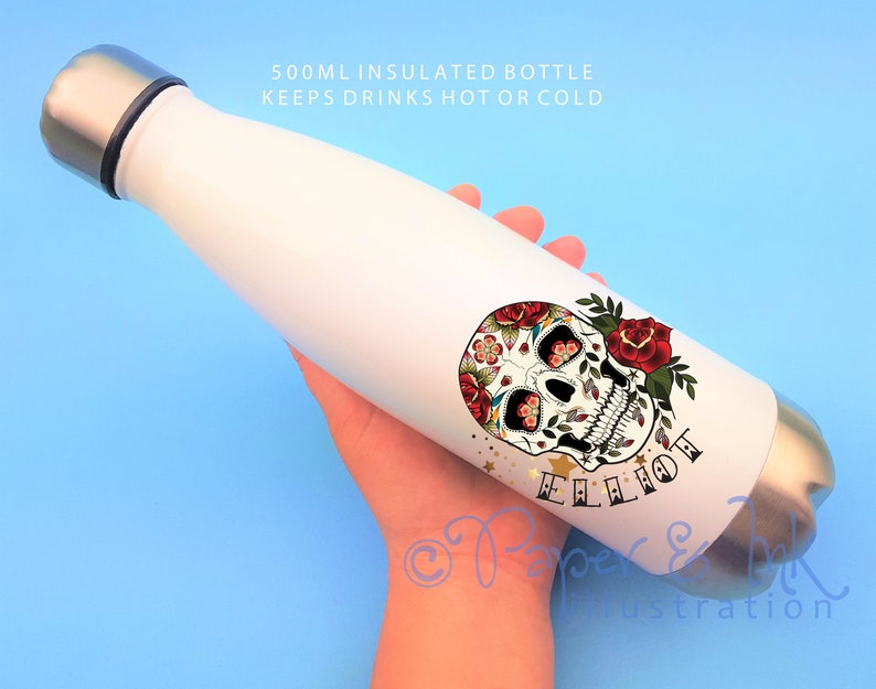 Skull Water Bottle Skull and Rose Skull Design Personalised Etsy