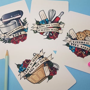 set of 4 baking themed postcards, gift with bakers gonna bake, cute gift for a cake maker