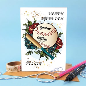 Personalisierte Geburtstagskarte für Baseball Spieler mit Ball und Fledermaus Design für Sohn oder Tochter Little League Team Geschenk mit Namen