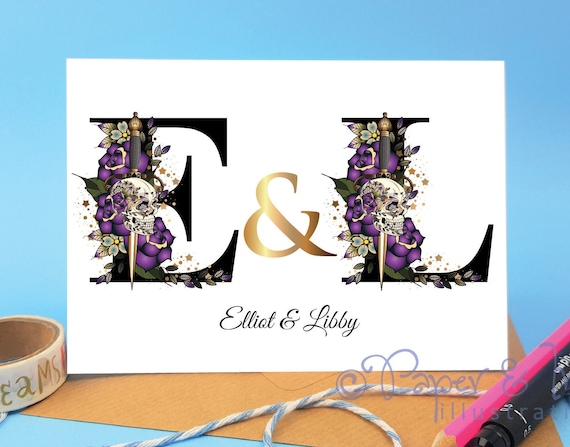 Personalised gothic couple card alternative wedding or engagement card for unusual couple with names and initials