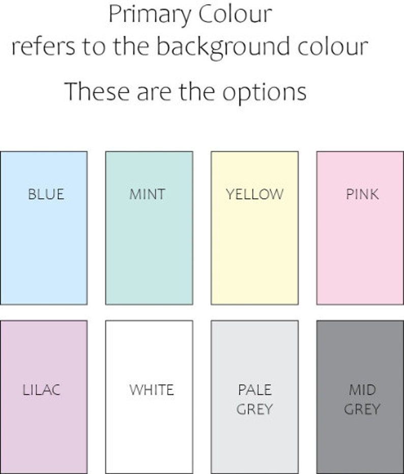 May include: A chart showing different background color options for a product. The colors are blue, mint, yellow, pink, lilac, white, pale grey, and mid grey.