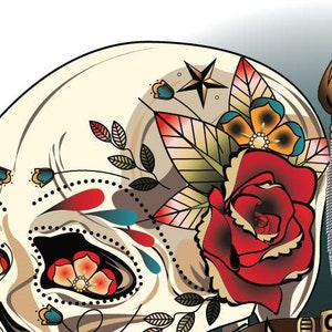May include: A colorful tattoo design featuring a skull with floral accents, including a red rose, yellow and blue flowers, and green leaves. A gold and silver dagger is positioned to the right of the skull.