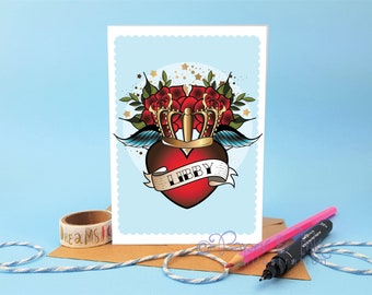 Personalized Tattoo Heart Card, Roses & Swallow, Love, Valentine