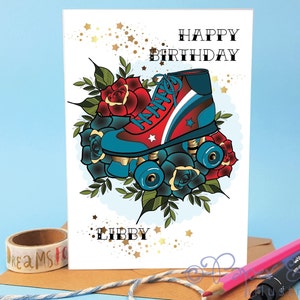 Carte d'anniversaire personnalisée spéciale roller derby avec patins à roulettes pour petite amie ou fille de la ligue de patinage