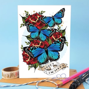 PERSONALISIERTE alles Gute zum Geburtstag Karte mit blauen Schmetterling Tattoo Design rote Rosen für spezielle Freund oder Tochter