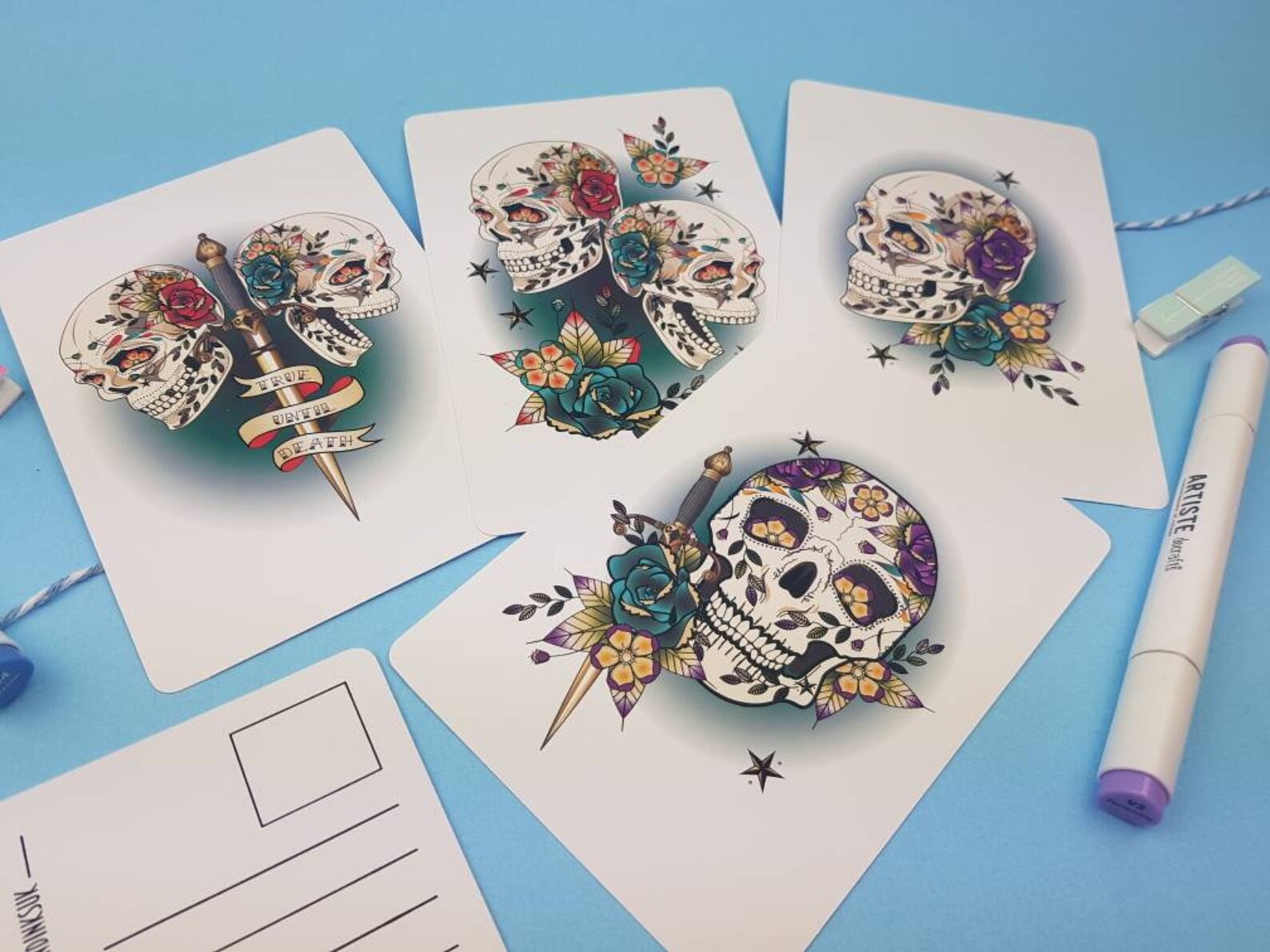 Skull Postcards, Skull Print, Sugar Skull Art Print, Set of Postcards ...