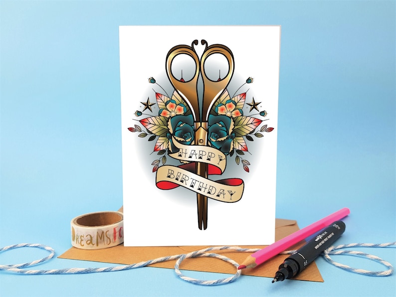 carte d'amie astucieuse, carte d'anniversaire pour couturière ou couturière, carte d'artisan, carte avec images de couture, ciseaux à l'ancienne image 1