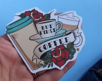 Pegatina de vinilo mate "But First Coffee", calcomanía para computadora portátil