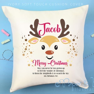 Funda de cojín de reno de caja de Nochebuena personalizada para hijo o hija