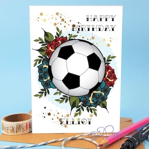gepersonaliseerde voetbalspeler speciale verjaardagskaart met voetbal voor zoon of dochter teamcadeau met naam