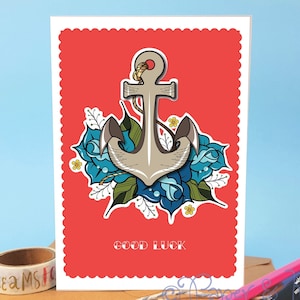 Carte porte-bonheur personnalisée avec un motif d'ancre de tatouage traditionnel pour un départ ou un nouveau motif audacieux pour un ami ou un collègue