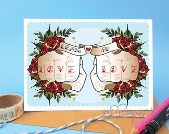 Les poings d'amour de tatouage PERSONNALISÉS conçoivent une carte alternative d'anniversaire de mariage de couple ou de Saint-Valentin.