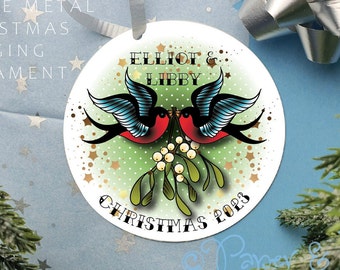 Personalised tattoo couple Christmas tree bauble hanging ornament for alternative couple with tattoo swallow.
