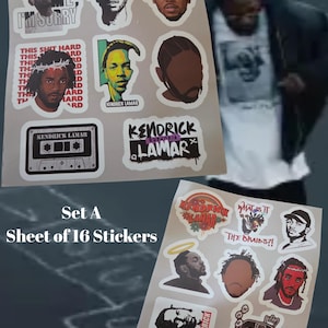 May include: Two sheets of stickers featuring various images of Kendrick Lamar. The stickers include portraits, text, and graphic designs. The text on the sheets reads "I Choose Me, I'm Sorry", "This Shit Hard", and "Kendrick Lamar". The sheets are labeled "Set A" and "Sheet of 16 Stickers".