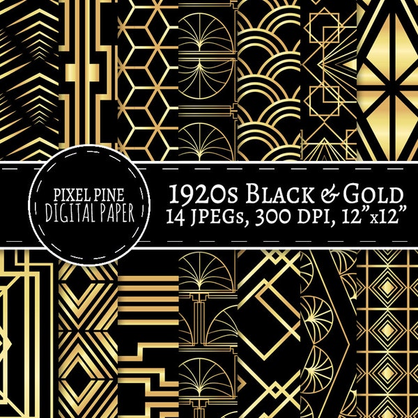 Art Deco Digital Paper Black and Gold, 14 JPGs Personal, Commercial Use, gold digital paper, gatsby digital paper, diy twenties scrapbooking