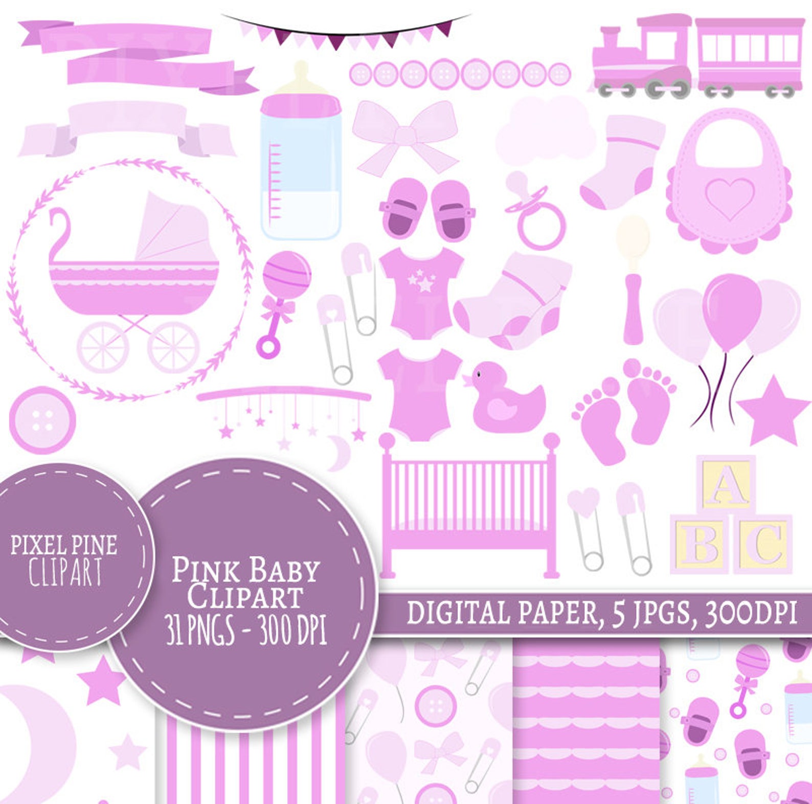 Baby Girl Clipart Set, 31 Pngs, 5 New Girl Digital Paper Jpgs