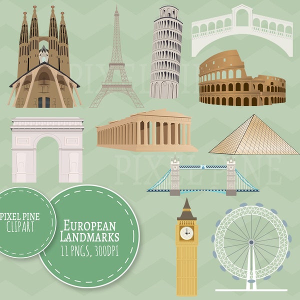 European Landmarks Clipart, 11 PNGs, Commercial Use, famous buildings, Pisa, Eiffel Tower clipart, London iconic places clipart, colosseum