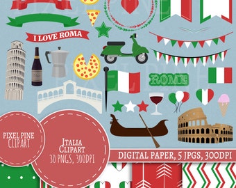Italian Clipart Set, 30 PNGs, 5 Italy Digital Paper JPGs, Commercial Use, Italian Elements clipart, Italy style clip art set, coliseum, pisa