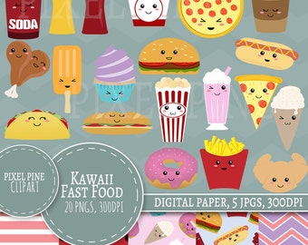 Kawaii fast food Clipart Set, Cute food clipart 20 PNGs, 5 pastel Digital Paper JPGs, Commercial Use, Kawaii Foodie clipart set food clipart