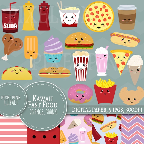 Kawaii fast food Clipart Set, Cute food clipart 20 PNGs, 5 pastel Digital Paper JPGs, Commercial Use, Kawaii Foodie clipart set food clipart