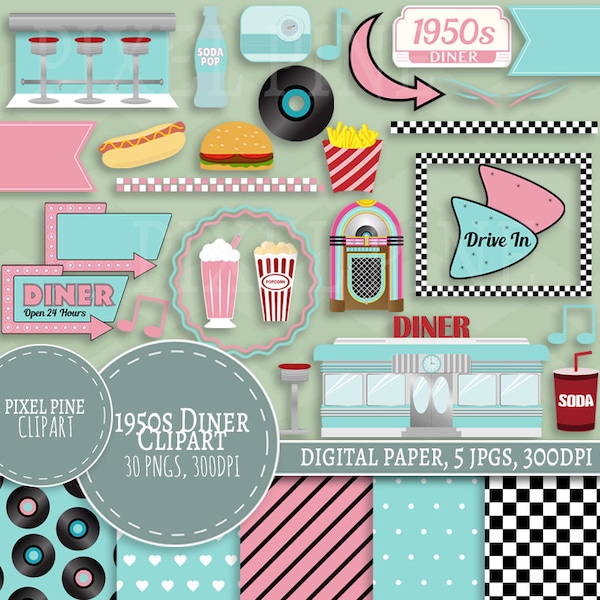 Fifties Diner Clipart Set, 30 PNGs, 5 1950s Diner Digital Paper JPGs, Commercial Use, Retro pink and blue Fifties clipart, 50s clip art set