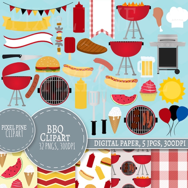 BBQ Clipart Set, Summer Barbecue Clip art, 32 PNGs, 5 BBQ Digital Paper JPGs, Commercial Use, backyard bbq clipart, bbq cookout clip art set