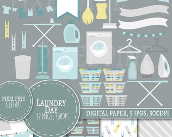 Laundry Day Clipart Set, 32 PNGs, 5 Laundry Digital Paper JPGs, Commercial Use, spring cleaning clipart, grey laundry clipart, blue cleaning