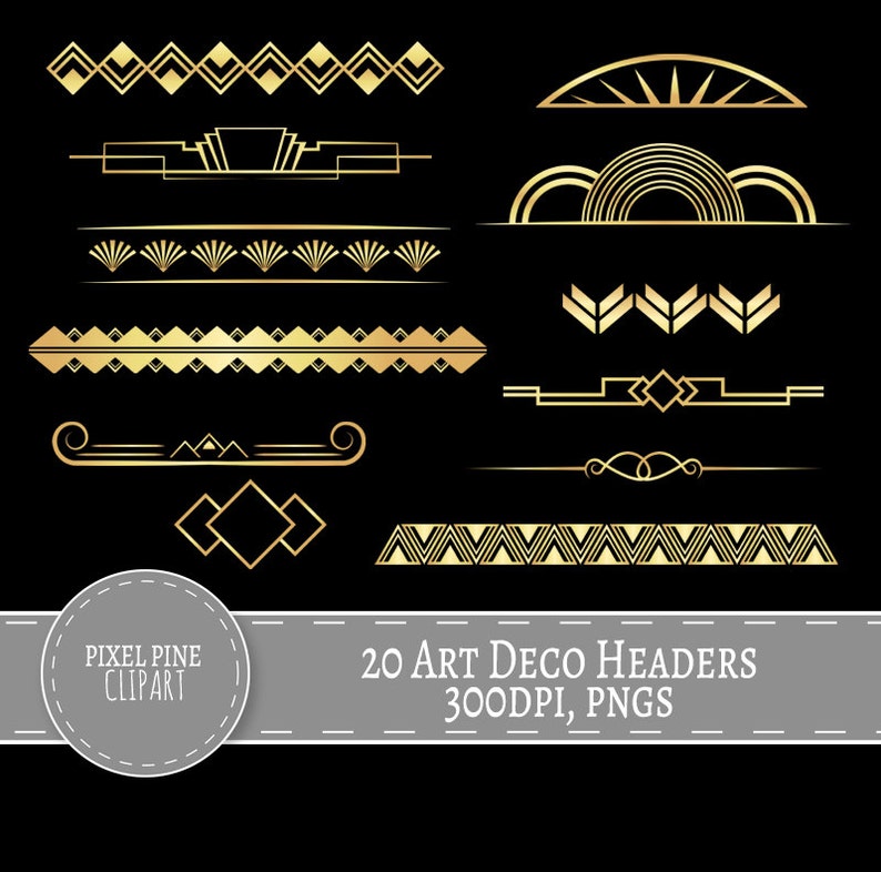 Art Deco Dividers Black and Gold, 20 Pngs, Commercial Use, Gold Gatsby Headers, 20 Gold Digital