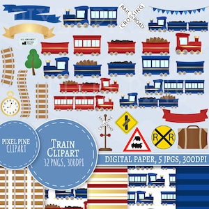 Train Clipart Set, 32 PNGs, 5 Train Digital Paper JPGs, Commercial Use, Train clip art, Train set clip art, train track clipart, trains png image 1