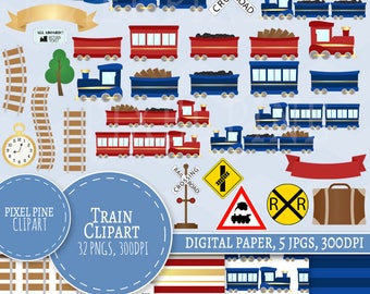 Train Clipart Set, 32 PNGs, 5 Train Digital Paper JPGs, Commercial Use, Train clip art, Train set clip art, train track clipart, trains png