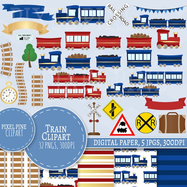 Train Clipart Set, 32 PNGs, 5 Train Digital Paper JPGs, Commercial Use, Train clip art, Train set clip art, train track clipart, trains png