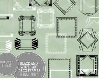 Black Art Deco Frames Black and White, 20 PNGs, Commercial Use, black gatsby borders frames, 20 digital frames, diy twenties scrapbooking